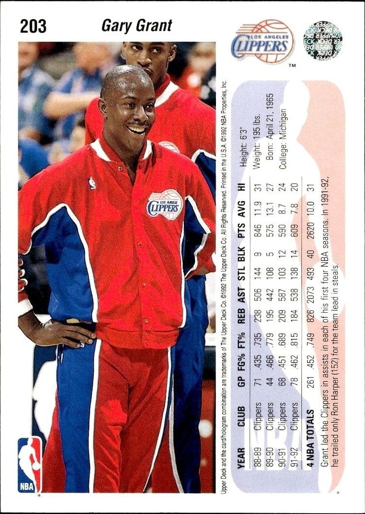 1992-93 Upper Deck Gary Grant #203 basketball trading card back