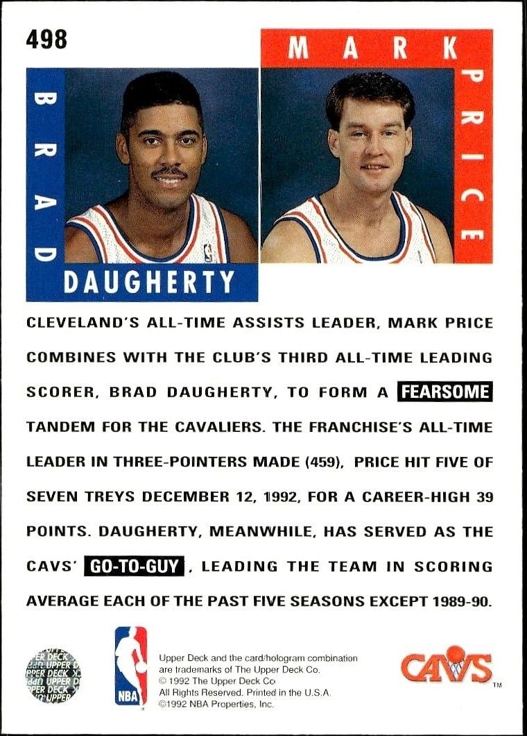 1992-93 Upper Deck Brad Daugherty #498 basketball trading card back
