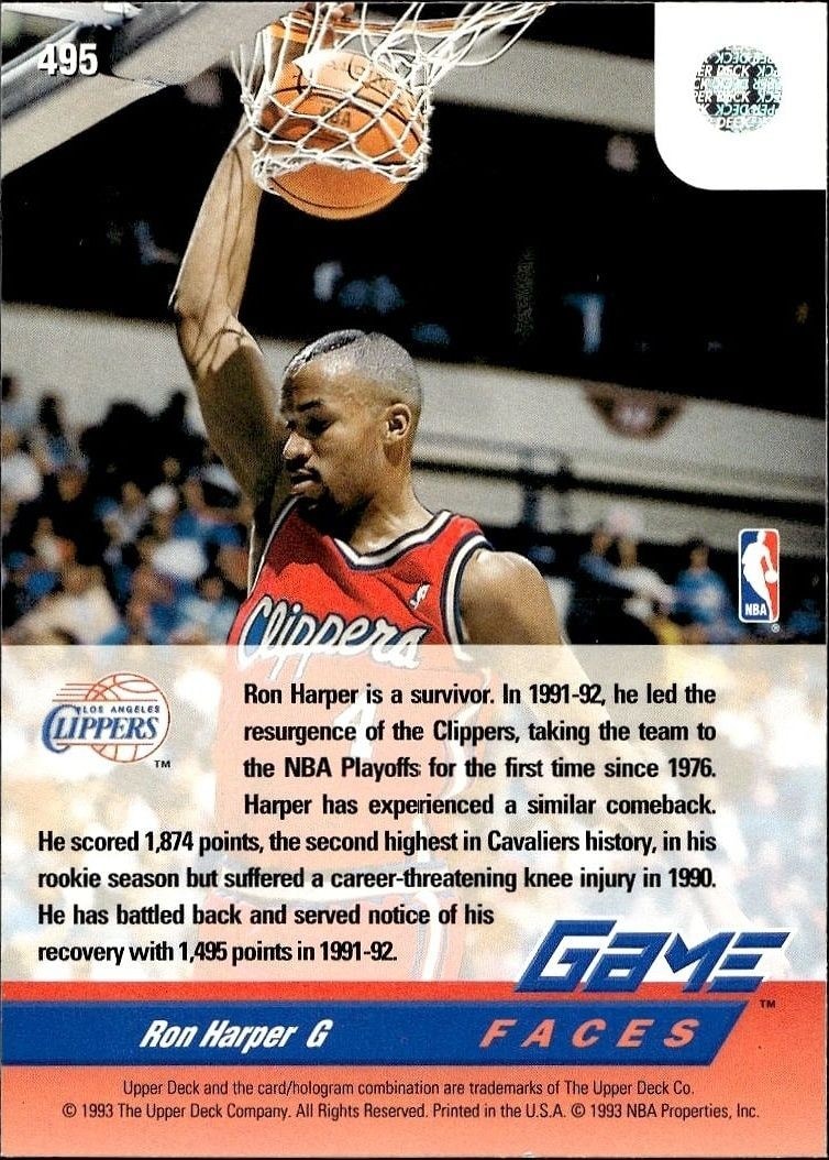1992-93 Upper Deck Ron Harper #495 basketball trading card back