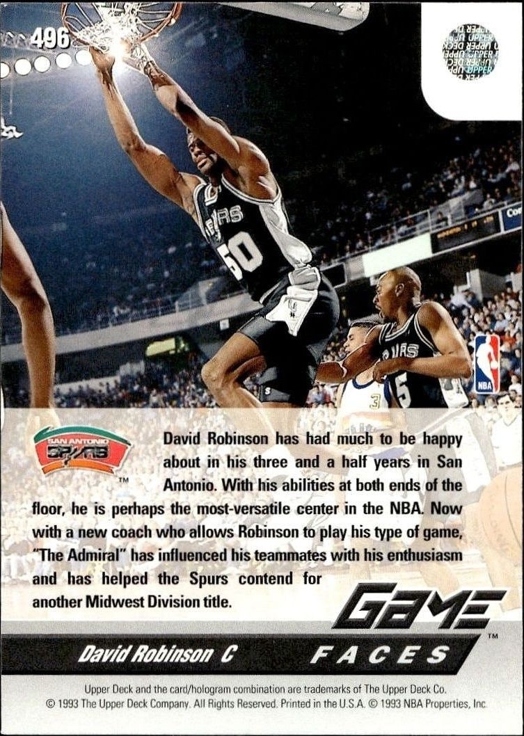 1992-93 Upper Deck David Robinson #496 basketball trading card back