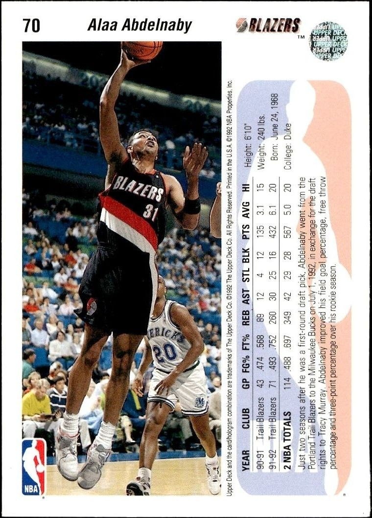 1992-93 Upper Deck Alaa Abdelnaby #70 basketball trading card back