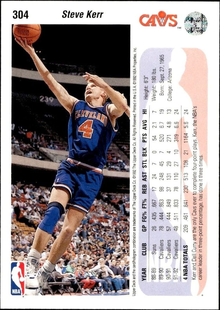 1992-93 Upper Deck Steve Kerr #304 basketball trading card back