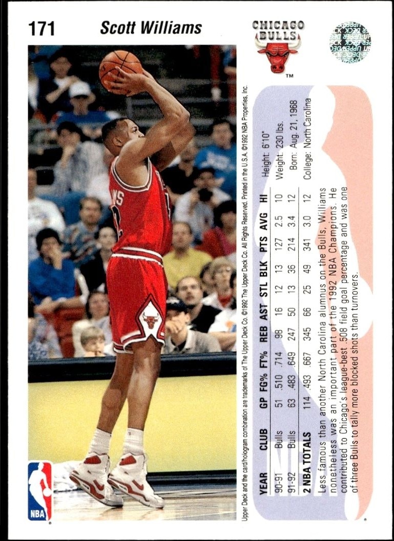 1992-93 Upper Deck Scott Williams #171 basketball trading card back