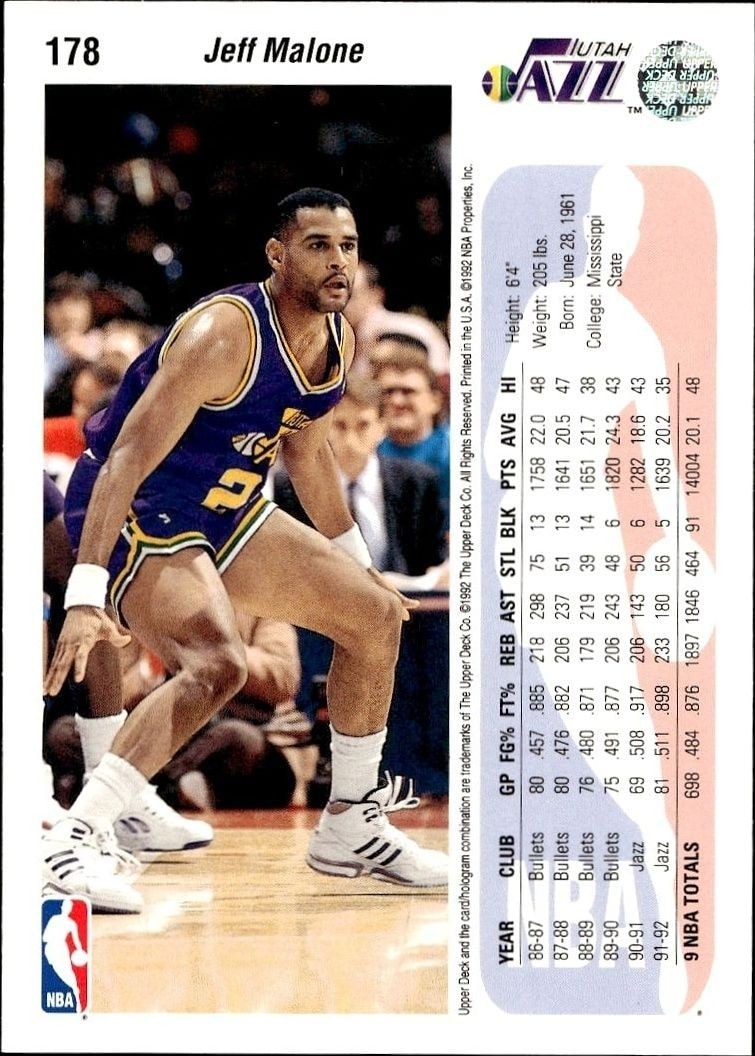 1992-93 Upper Deck Jeff Malone #178 basketball trading card back