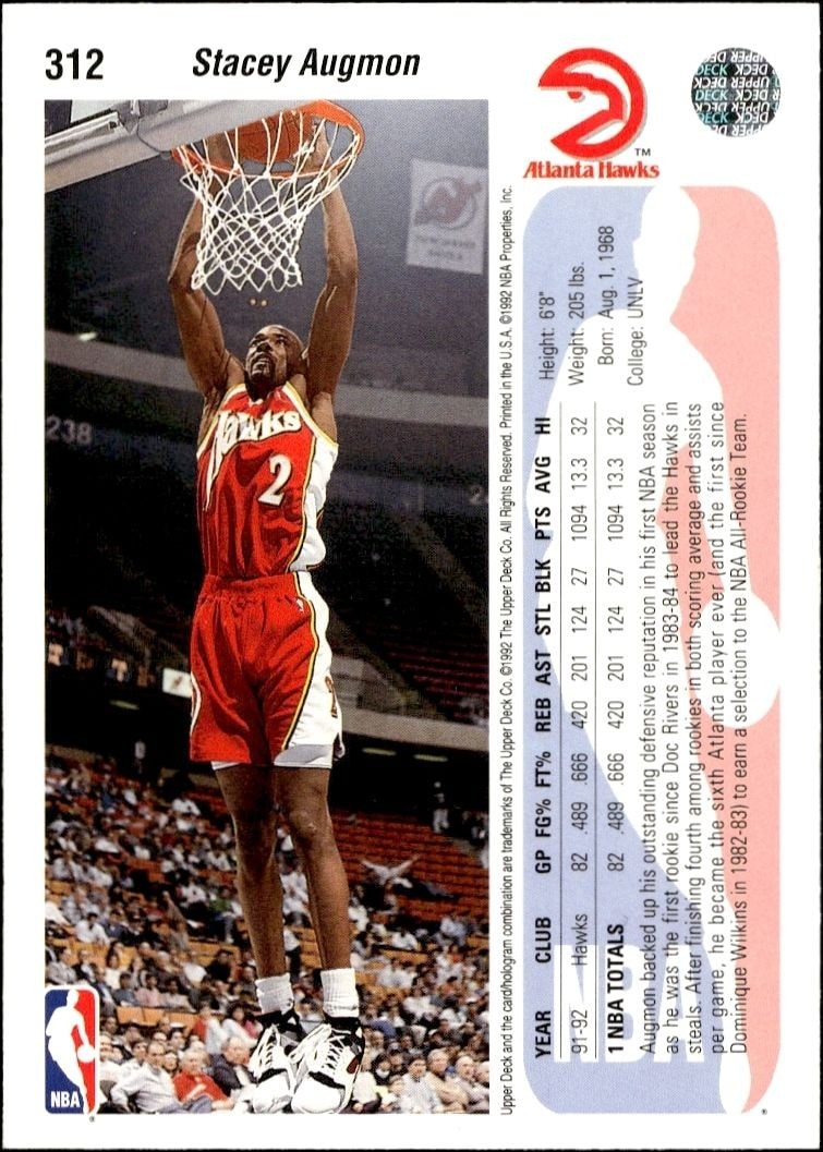 1992-93 Upper Deck Stacey Augmon #312 basketball trading card back
