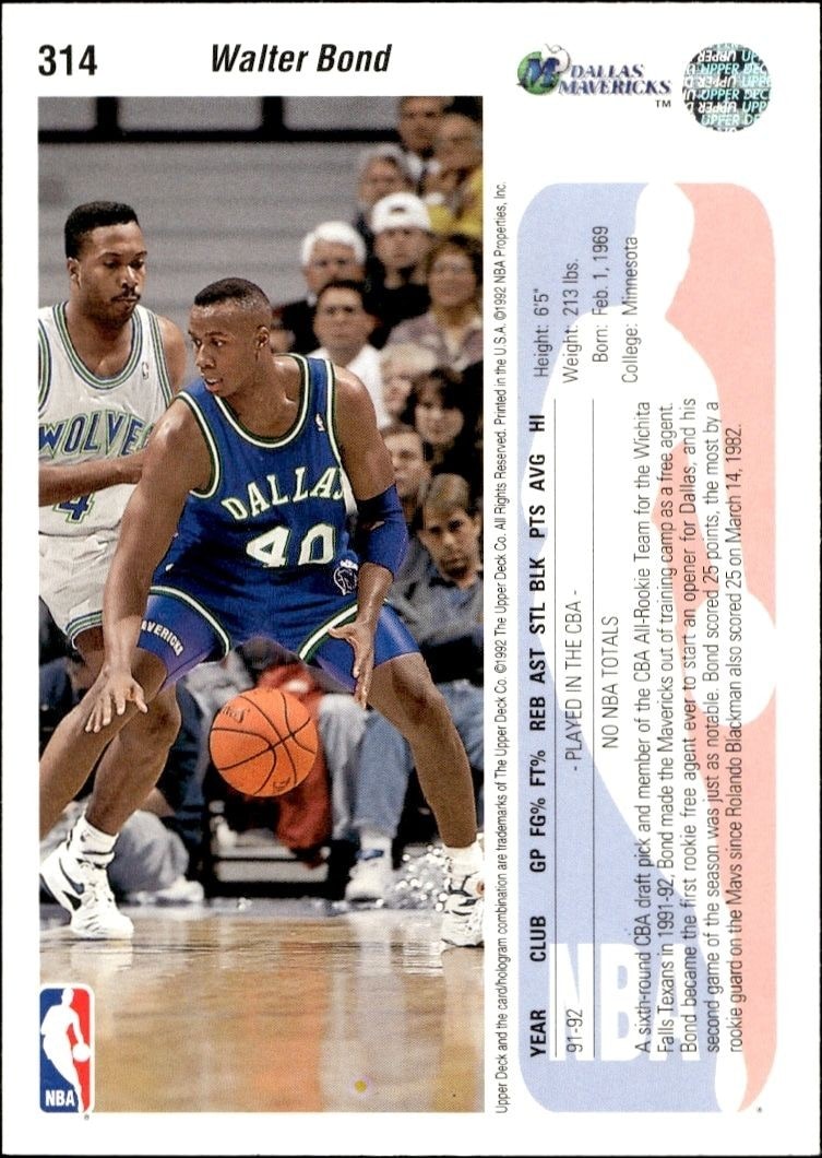 1992-93 Upper Deck Walter Bond #314 basketball trading card back