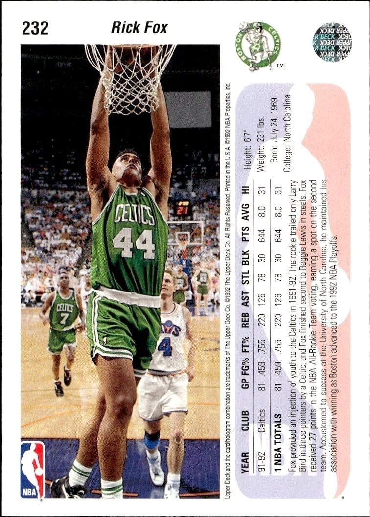 1992-93 Upper Deck Rick Fox #232 basketball trading card back