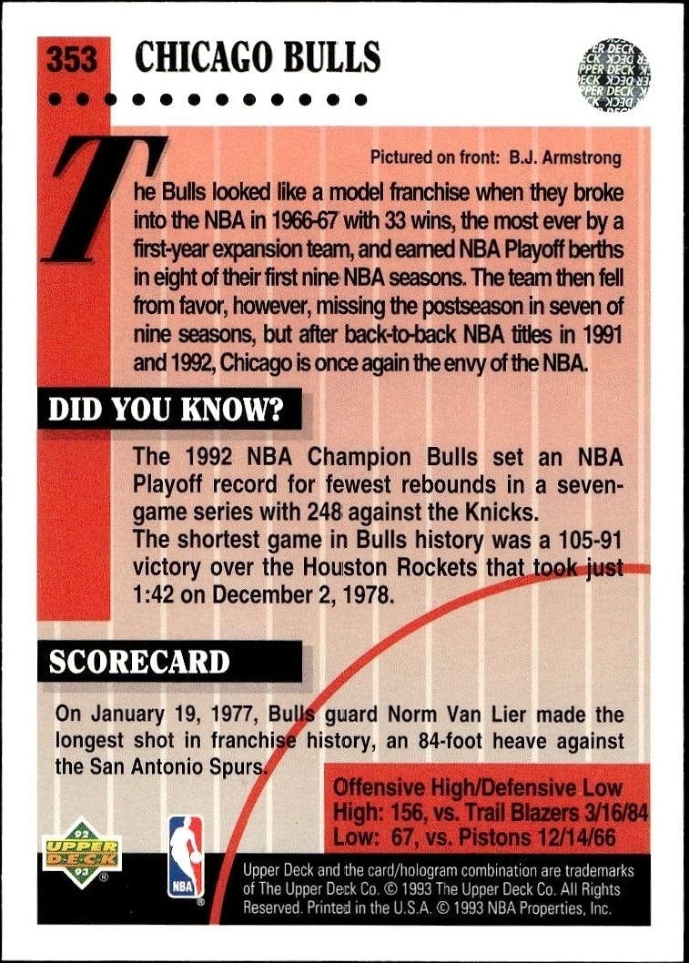 1992-93 Upper Deck Chicago Bulls #353 basketball trading card back