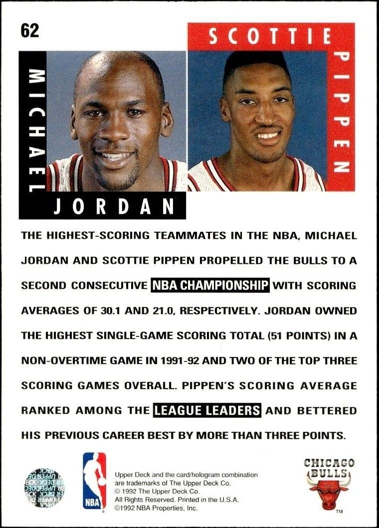 1992-93 Upper Deck Michael Jordan #62 basketball trading card back