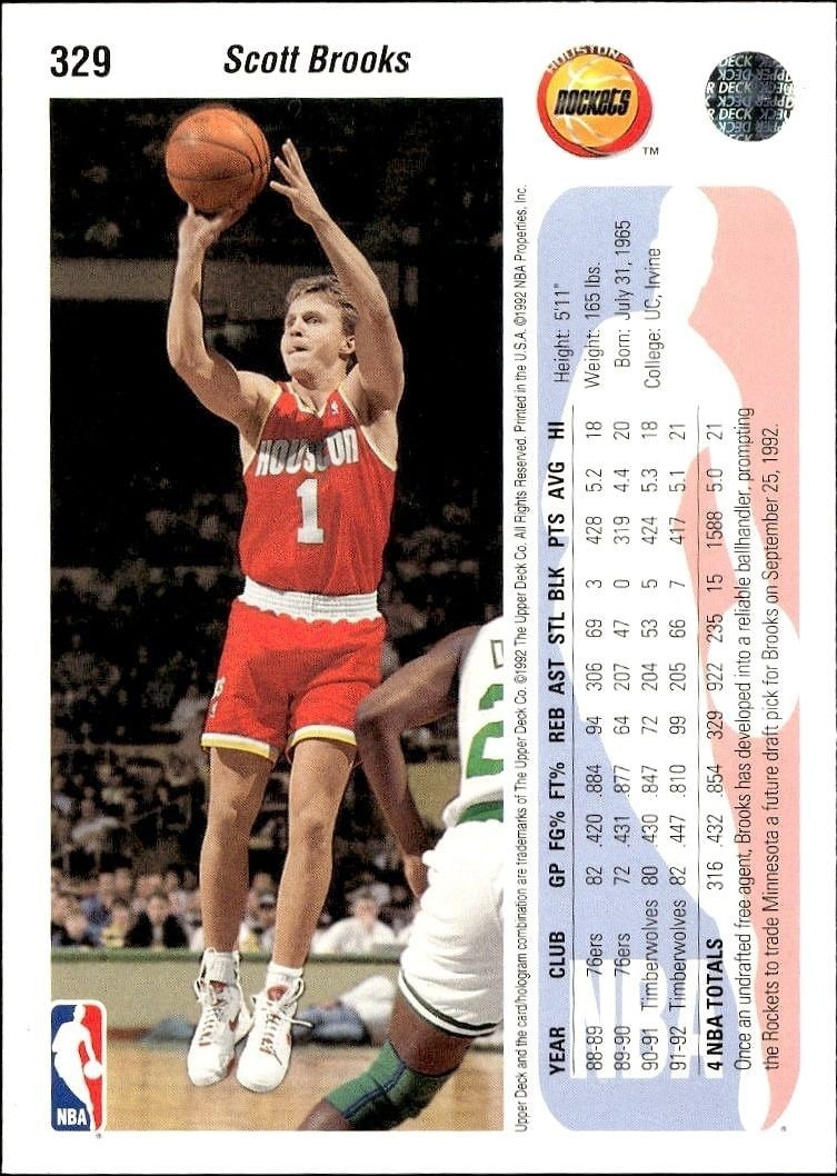 1992-93 Upper Deck Scott Brooks #329 basketball trading card back