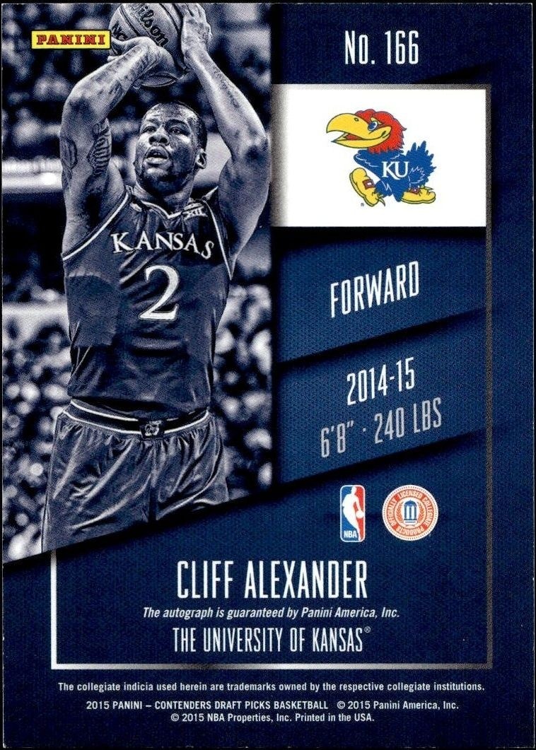2015-16 Panini Contenders Draft Picks Cliff Alexander #166 basketball trading card back