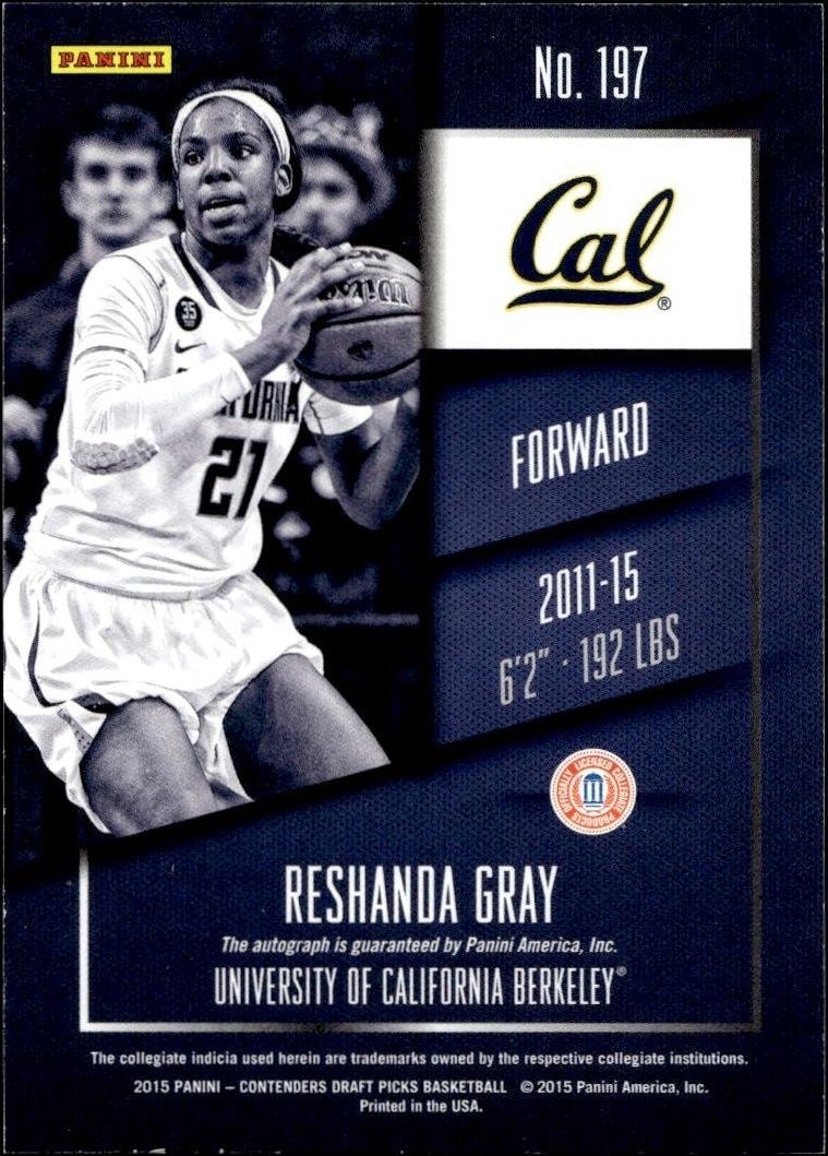 2015-16 Panini Contenders Draft Picks Reshanda Gray #197 basketball trading card back