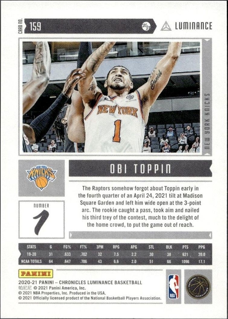 2020-21 Panini Chronicles Obi Toppin #159 basketball trading card back