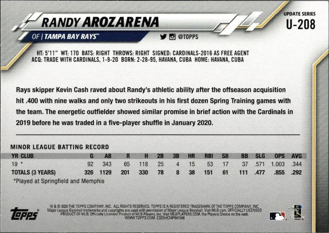 2020 Topps Update Randy Arozarena #U-208 baseball trading card back