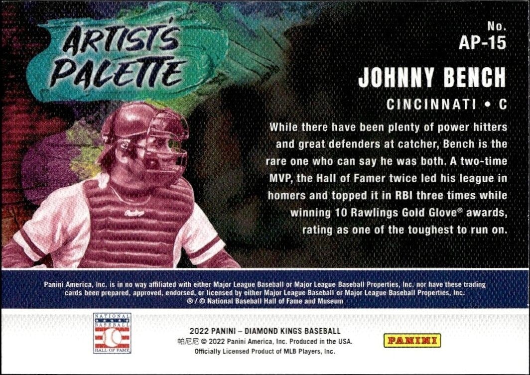 2022 Panini Diamond Kings Johnny Bench #AP-15 baseball trading card back