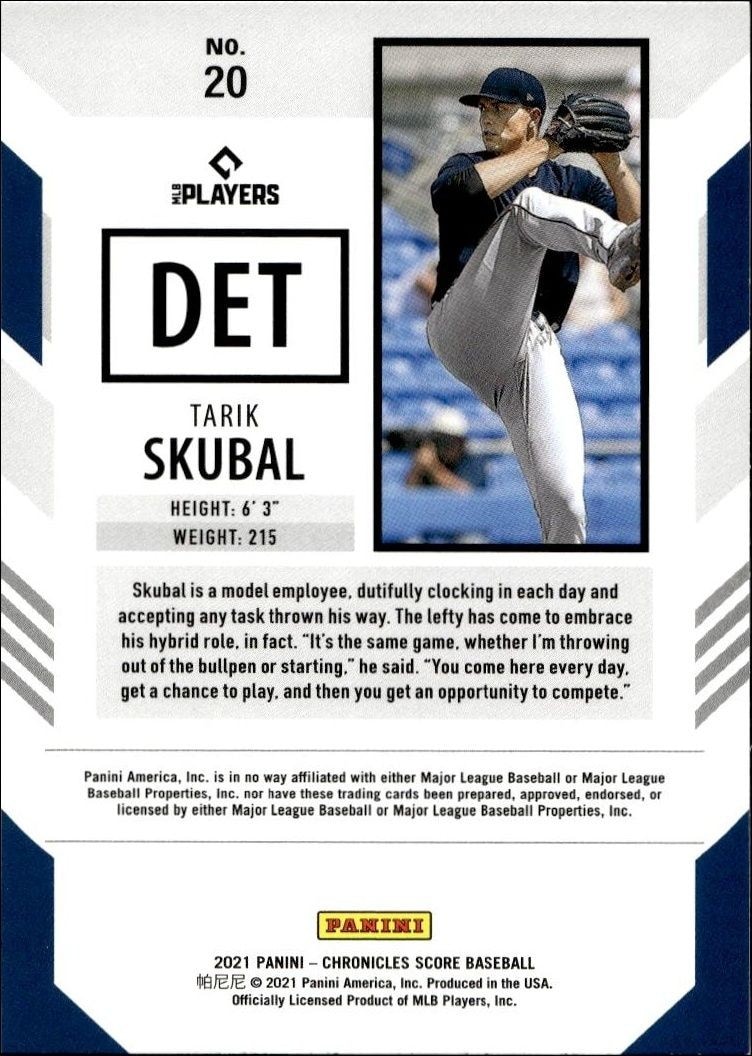 2021 Panini Chronicles Tarik Skubal #20 baseball trading card back