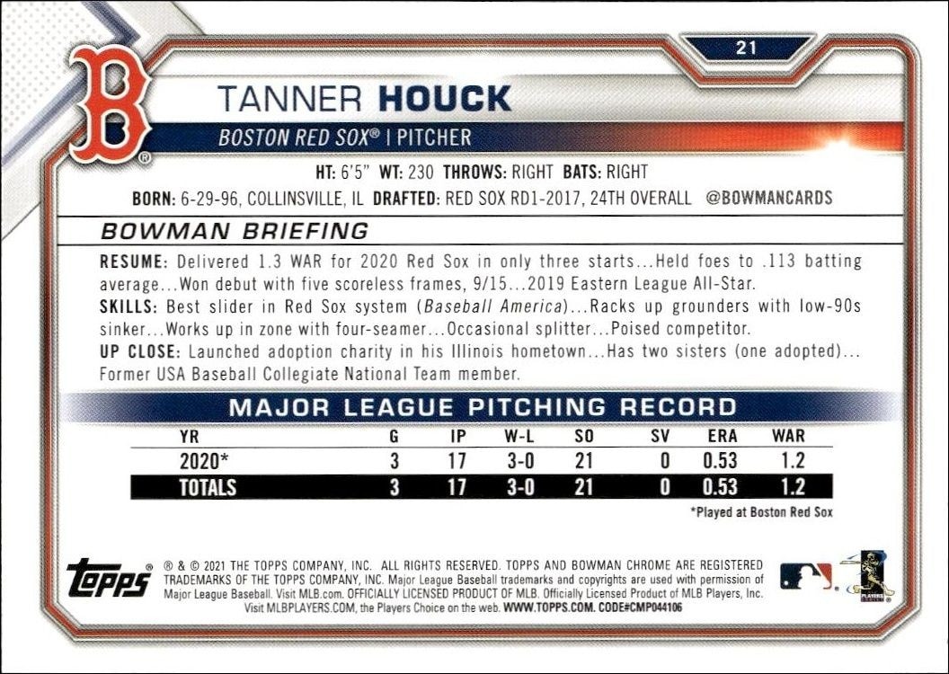 2021 Bowman Tanner Houck #21 baseball trading card back
