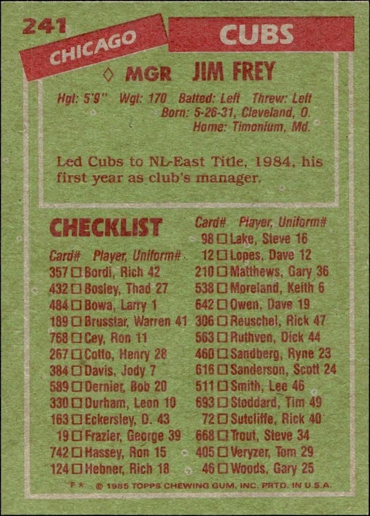 1985 Topps Jim Frey #241 baseball trading card back