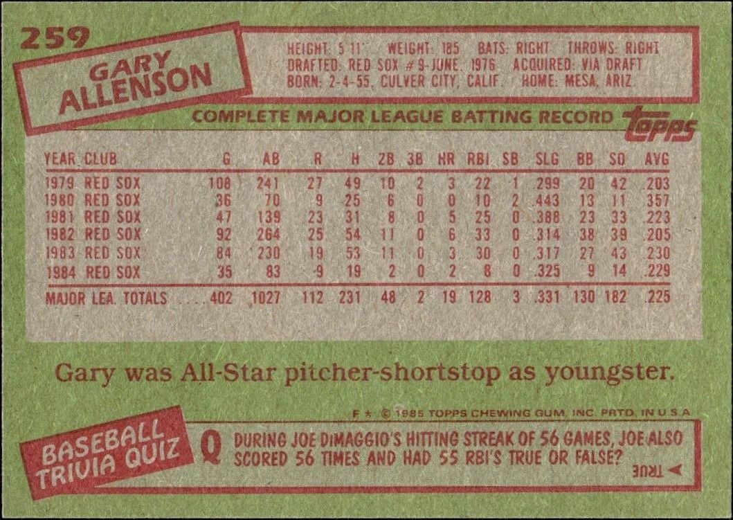 1985 Topps Gary Allenson #259 baseball trading card back