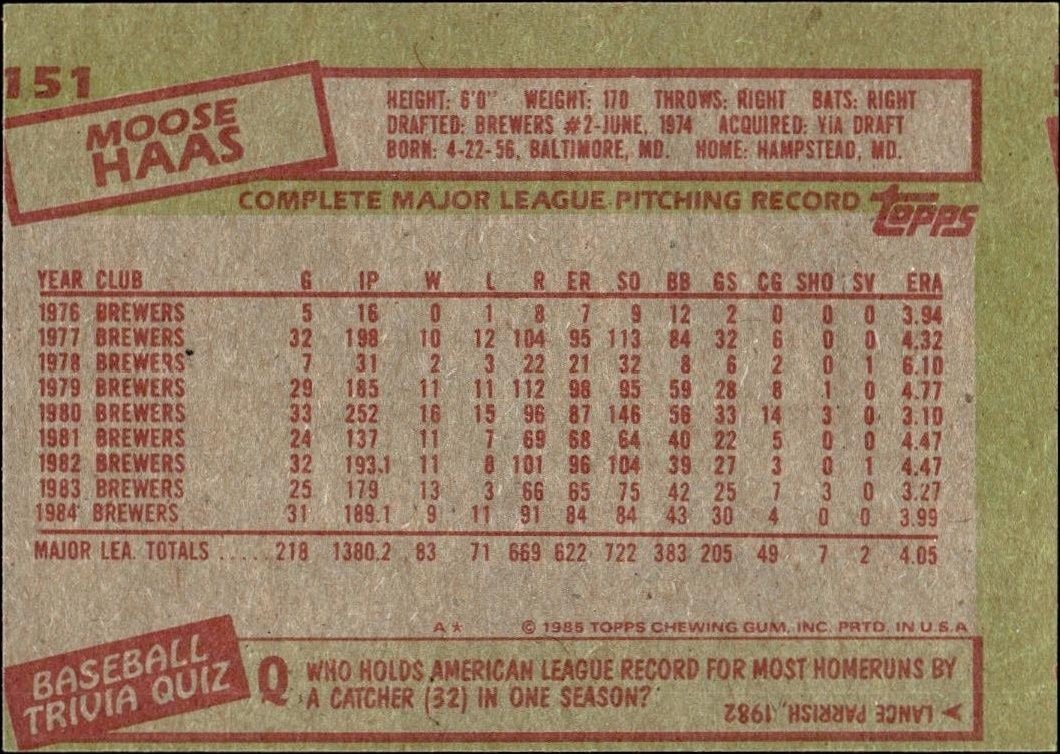 1985 Topps Moose Haas #151 baseball trading card back