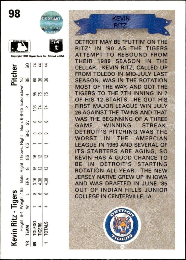 1990 Upper Deck Kevin Ritz #98 baseball trading card back