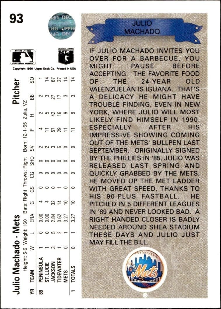 1990 Upper Deck Julio Machado #93 baseball trading card back