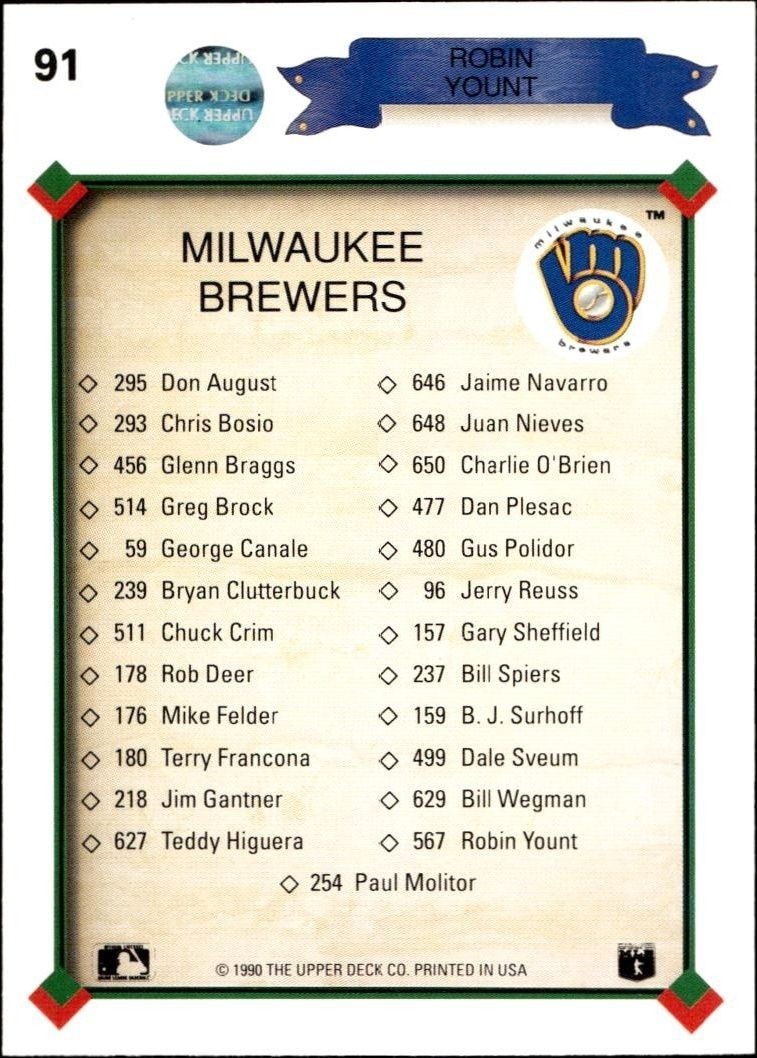 1990 Upper Deck Robin Yount #91 baseball trading card back