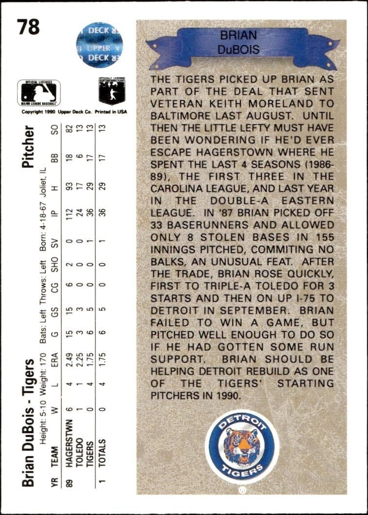 1990 Upper Deck Brian DuBois #78 baseball trading card back