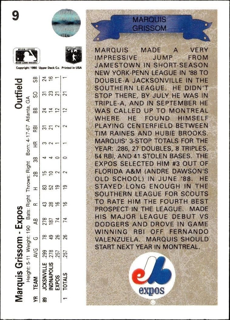 1990 Upper Deck Marquis Grissom #9 baseball trading card back