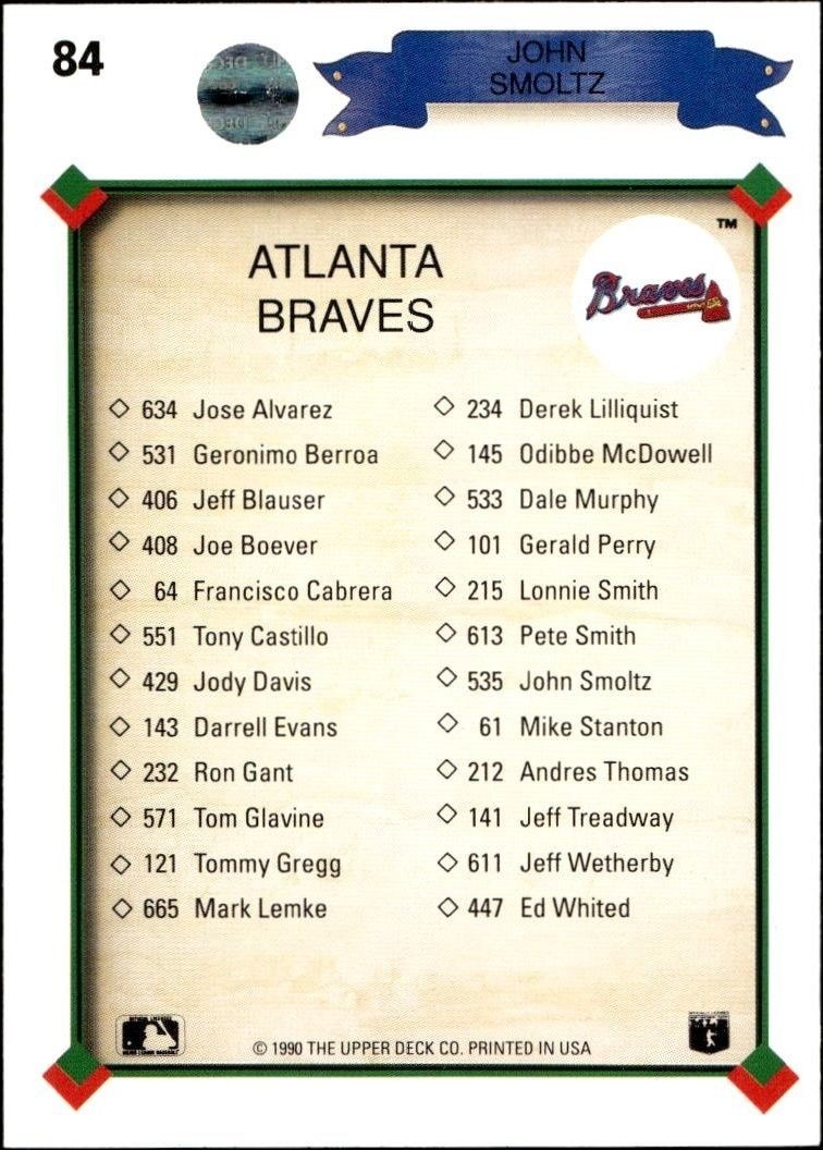 1990 Upper Deck John Smoltz #84 baseball trading card back