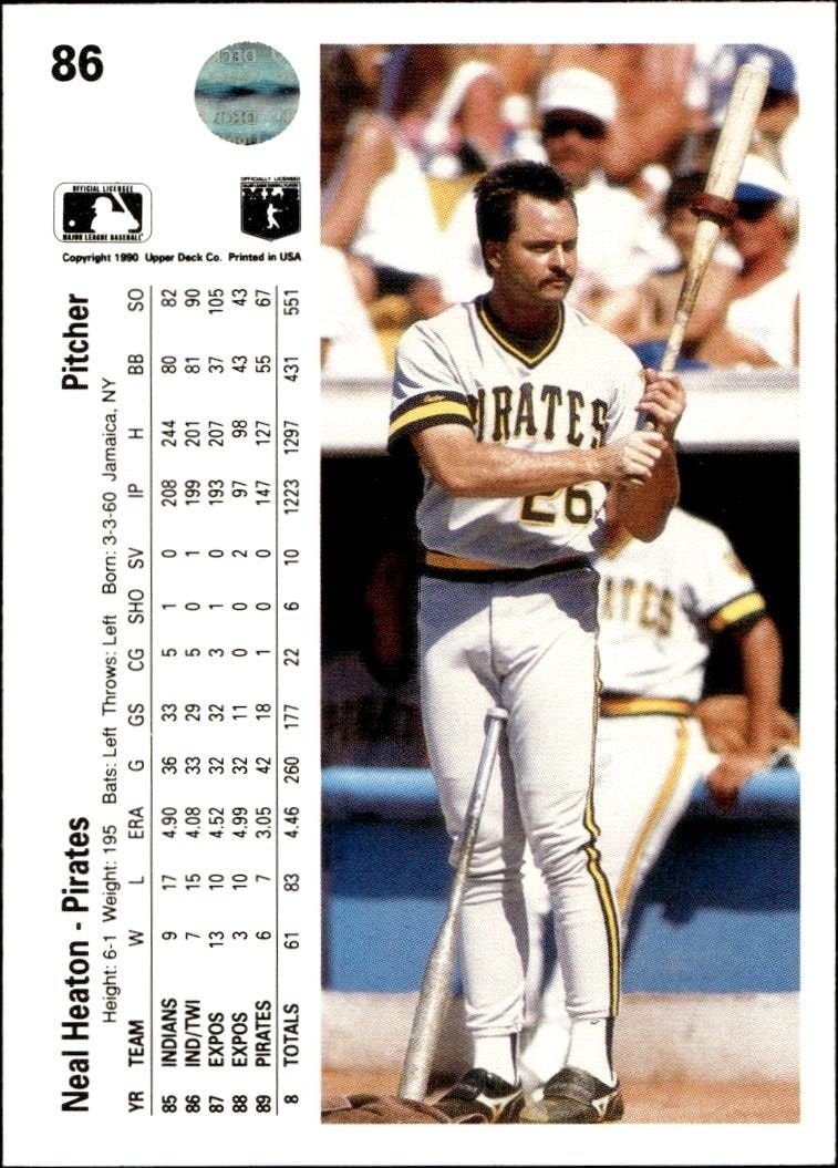 1990 Upper Deck Neal Heaton #86 baseball trading card back