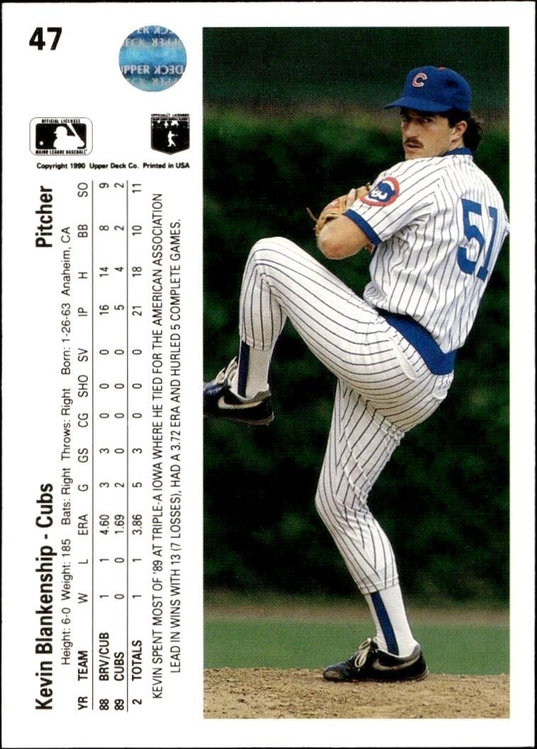 1990 Upper Deck Kevin Blankenship #47 baseball trading card back