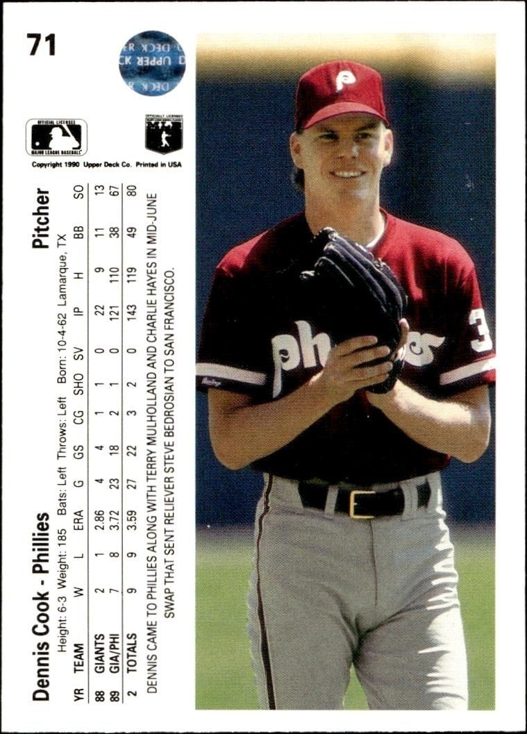 1990 Upper Deck Dennis Cook #71 baseball trading card back
