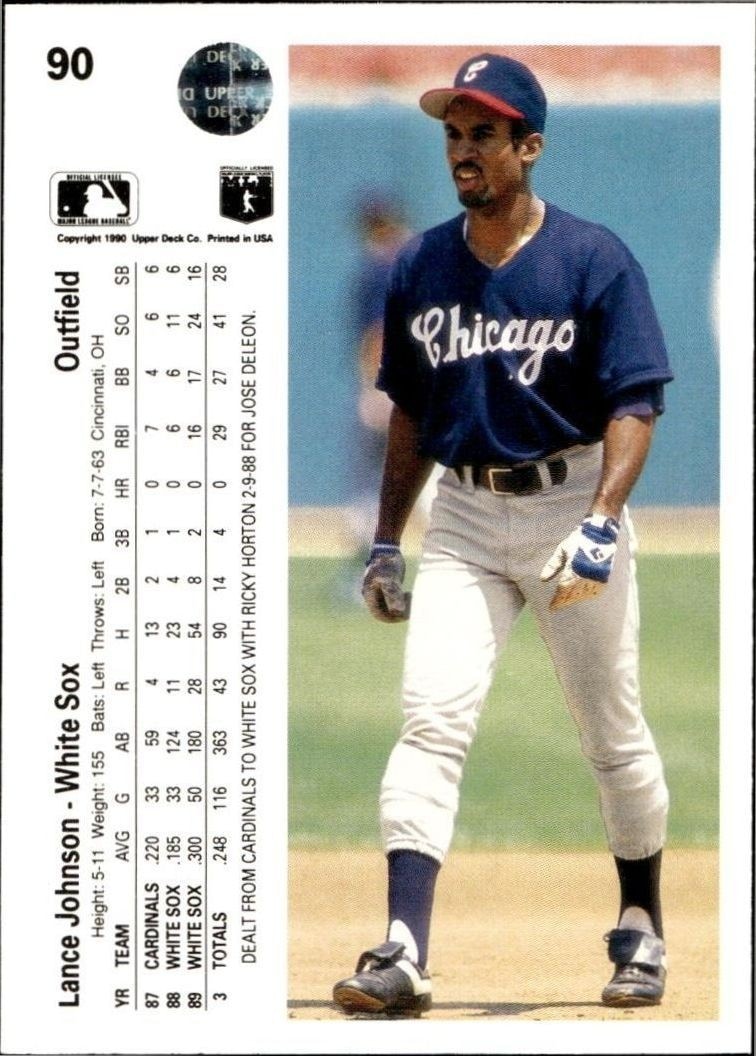 1990 Upper Deck Lance Johnson #90 baseball trading card back