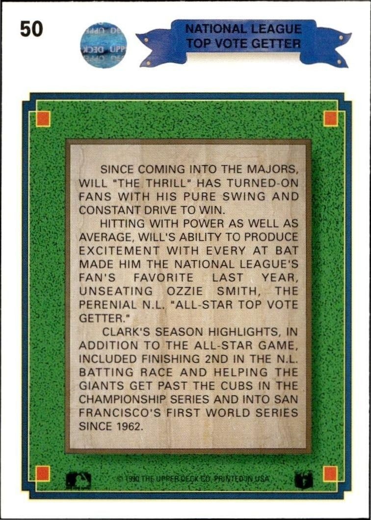 1990 Upper Deck Will Clark #50 baseball trading card back
