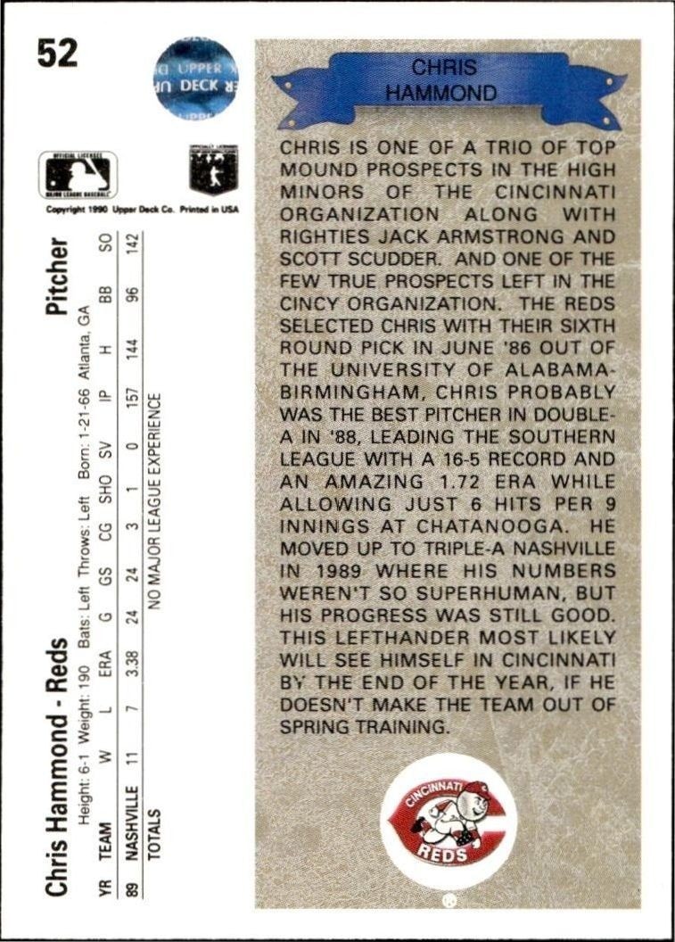 1990 Upper Deck Chris Hammond #52 baseball trading card back