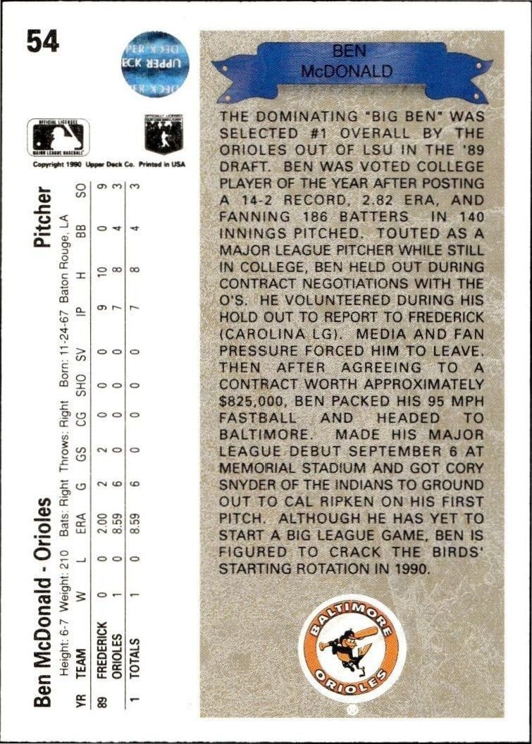 1990 Upper Deck Ben McDonald #54B baseball trading card back
