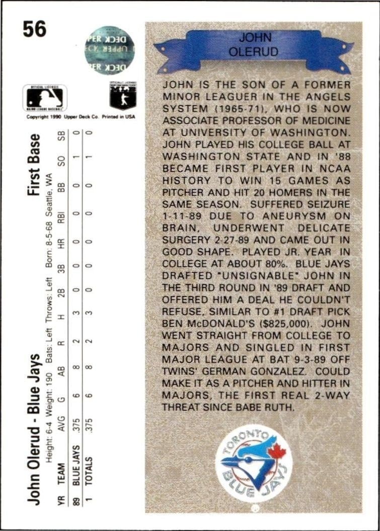 1990 Upper Deck John Olerud #56 baseball trading card back