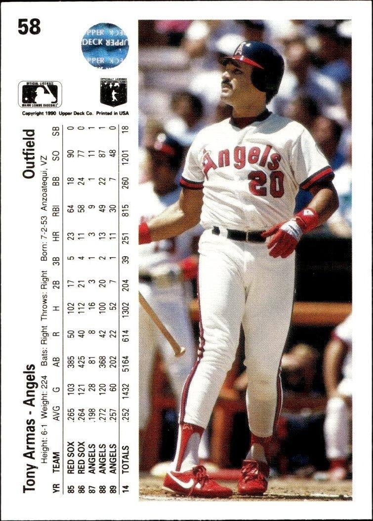 1990 Upper Deck Tony Armas #58 baseball trading card back