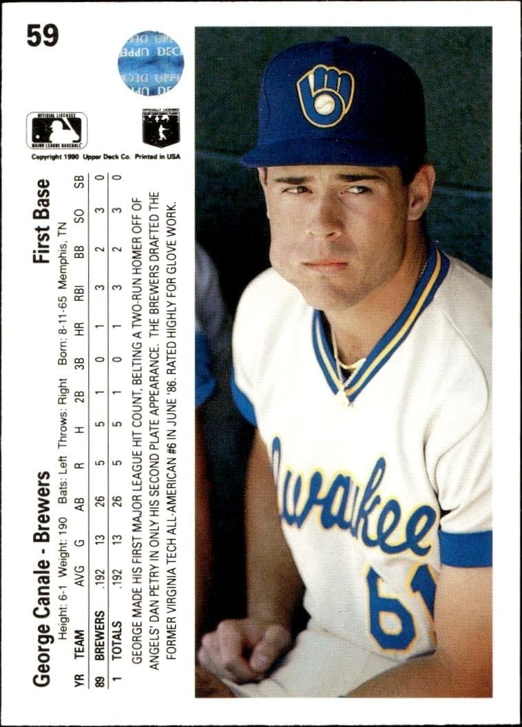 1990 Upper Deck George Canale #59 baseball trading card back