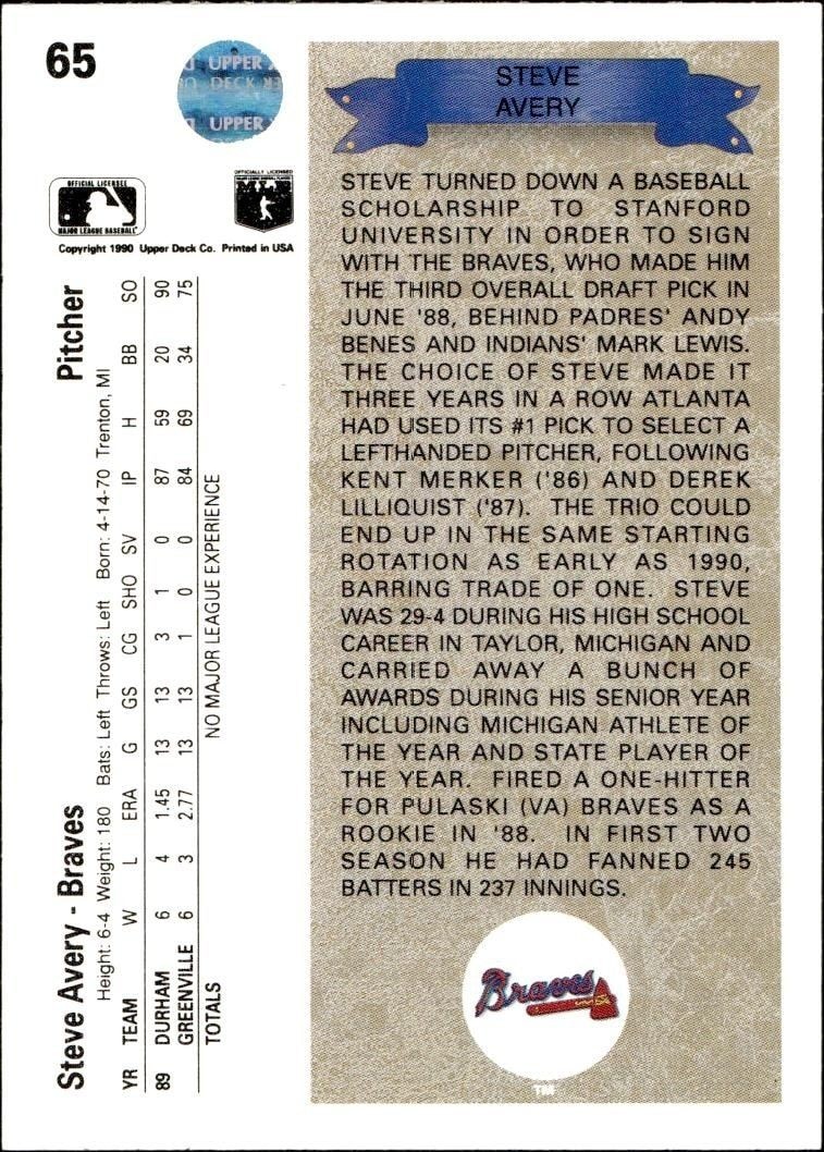 1990 Upper Deck Steve Avery #65 baseball trading card back