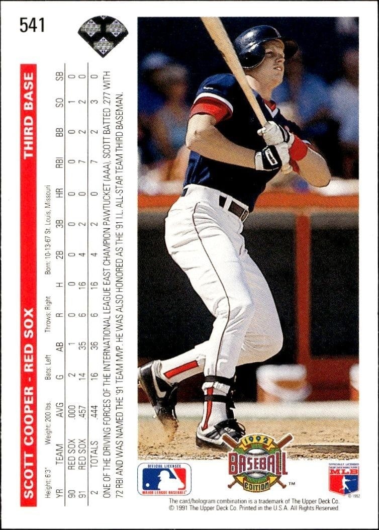 1992 Upper Deck Scott Cooper #541 baseball trading card back