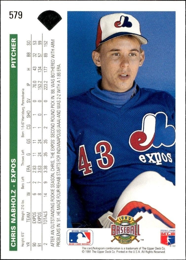1992 Upper Deck Chris Nabholz #579 baseball trading card back