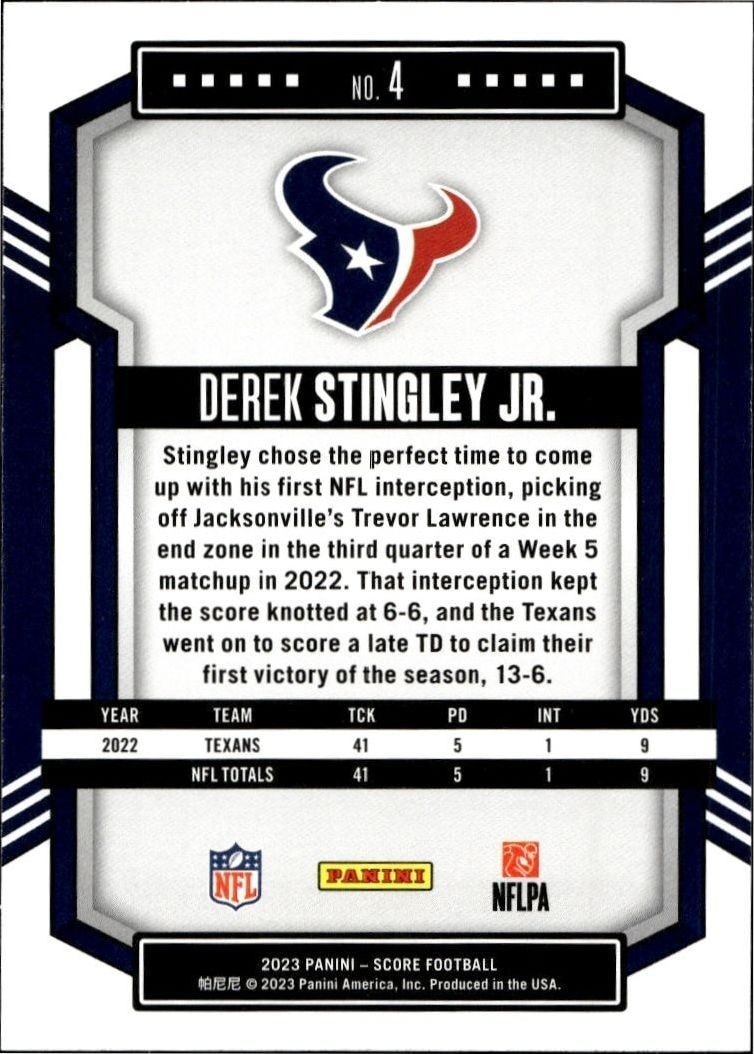2023 Panini Score Derek Stingley Jr. #4 football trading card back