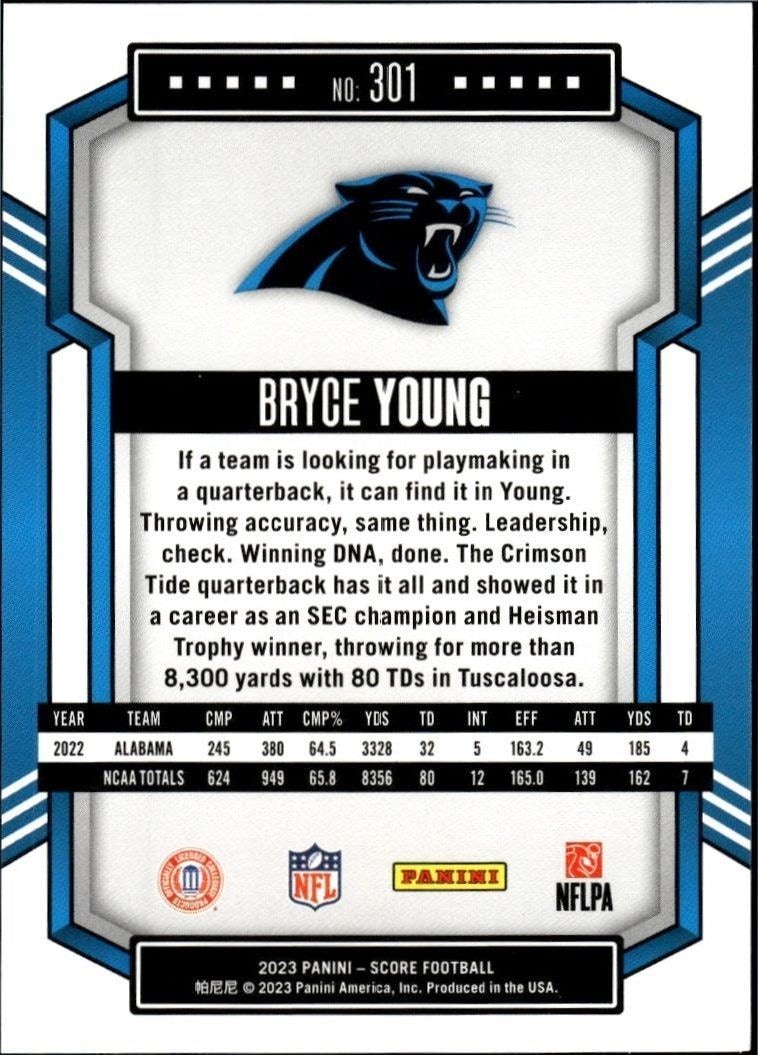 2023 Panini Score Bryce Young #301 football trading card back