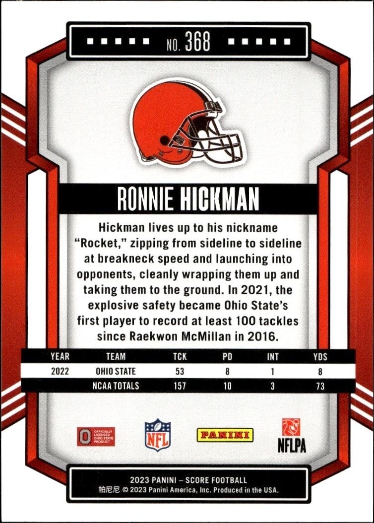 2023 Panini Score Ronnie Hickman #368 football trading card back