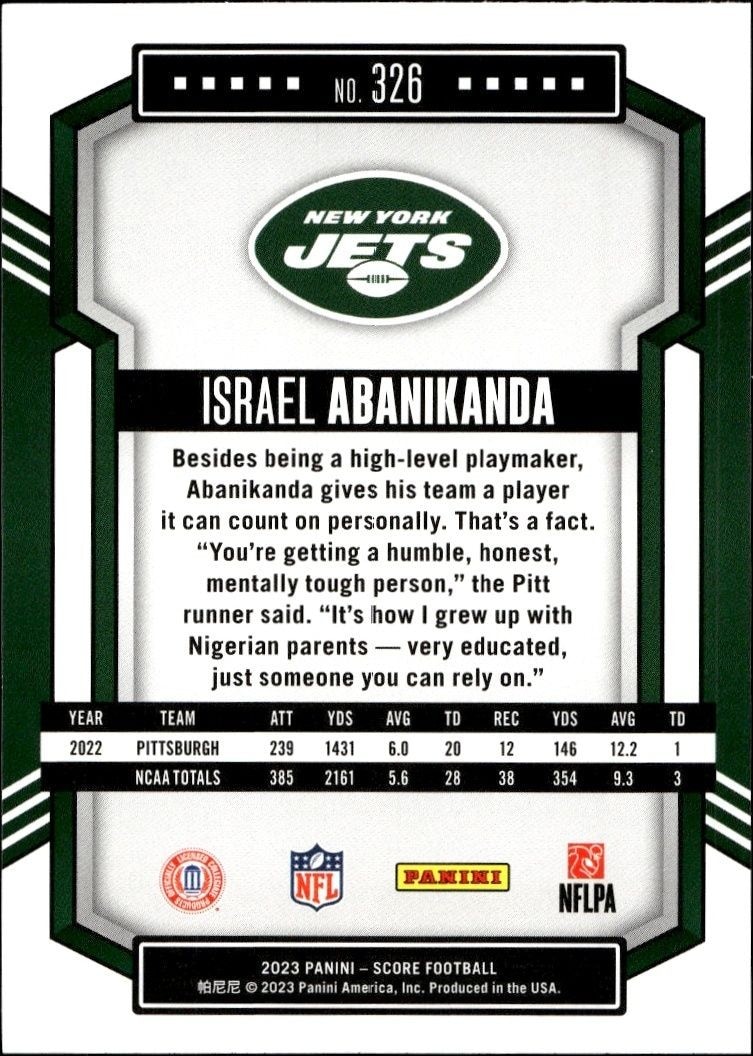 2023 Panini Score Israel Abanikanda #326 football trading card back