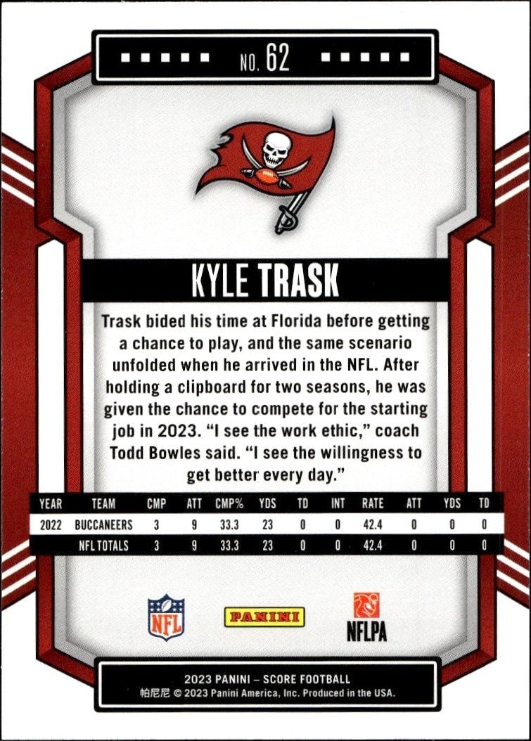 2023 Panini Score Kyle Trask #62 football trading card back