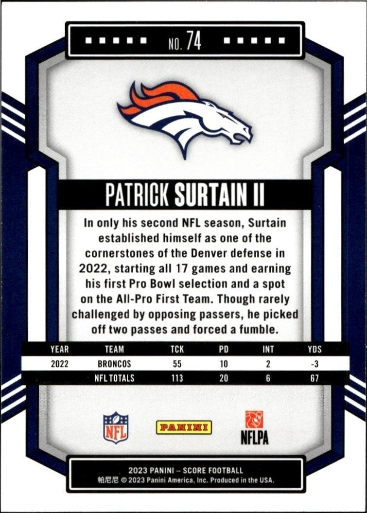 2023 Panini Score Patrick Surtain II #74 football trading card back