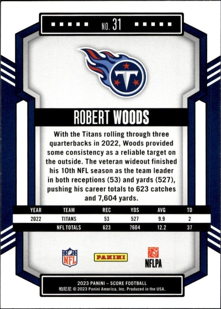 2023 Panini Score Robert Woods #31 football trading card back